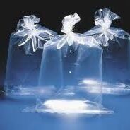 Three clear plastic bags with bows on them.